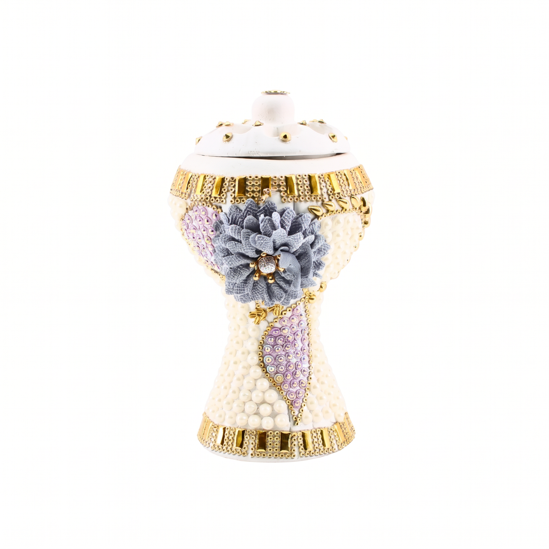 XLarge White-Gold Traditional Clay Incense Burner - Gray Flower