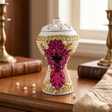 XLarge White-Gold Traditional Clay Incense Burner - Hot Pink-Black Flower