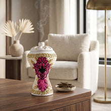 XLarge White-Gold Traditional Clay Incense Burner - Hot Pink-Black Flower
