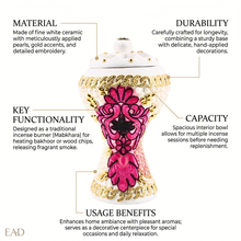 XLarge White-Gold Traditional Clay Incense Burner - Hot Pink-Black Flower