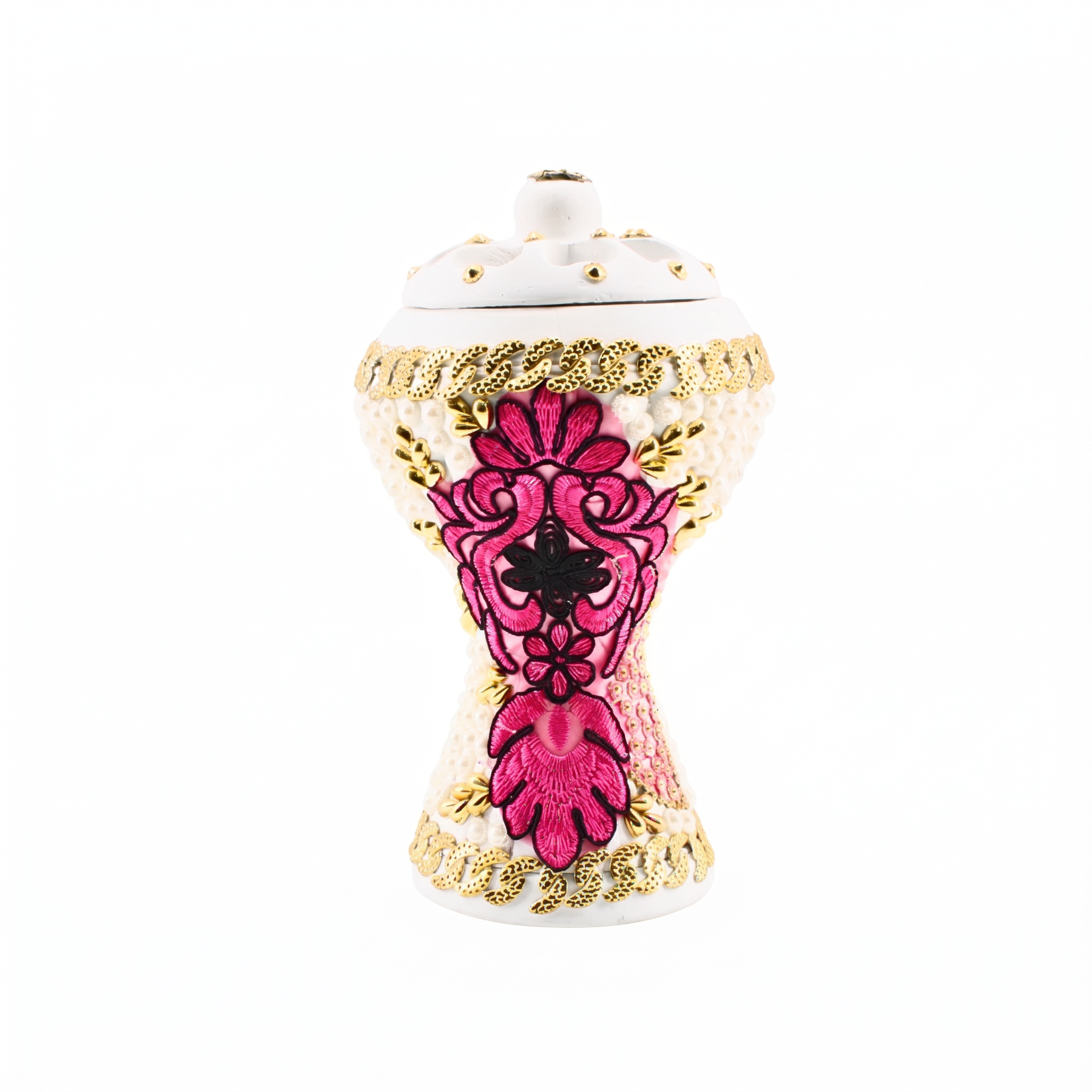 XLarge White-Gold Traditional Clay Incense Burner - Hot Pink-Black Flower