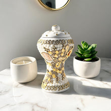 XLarge White-Gold Traditional Clay Incense Burner - Yellow-Beige Floral Design