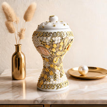 XLarge White-Gold Traditional Clay Incense Burner - Yellow-Beige Floral Design