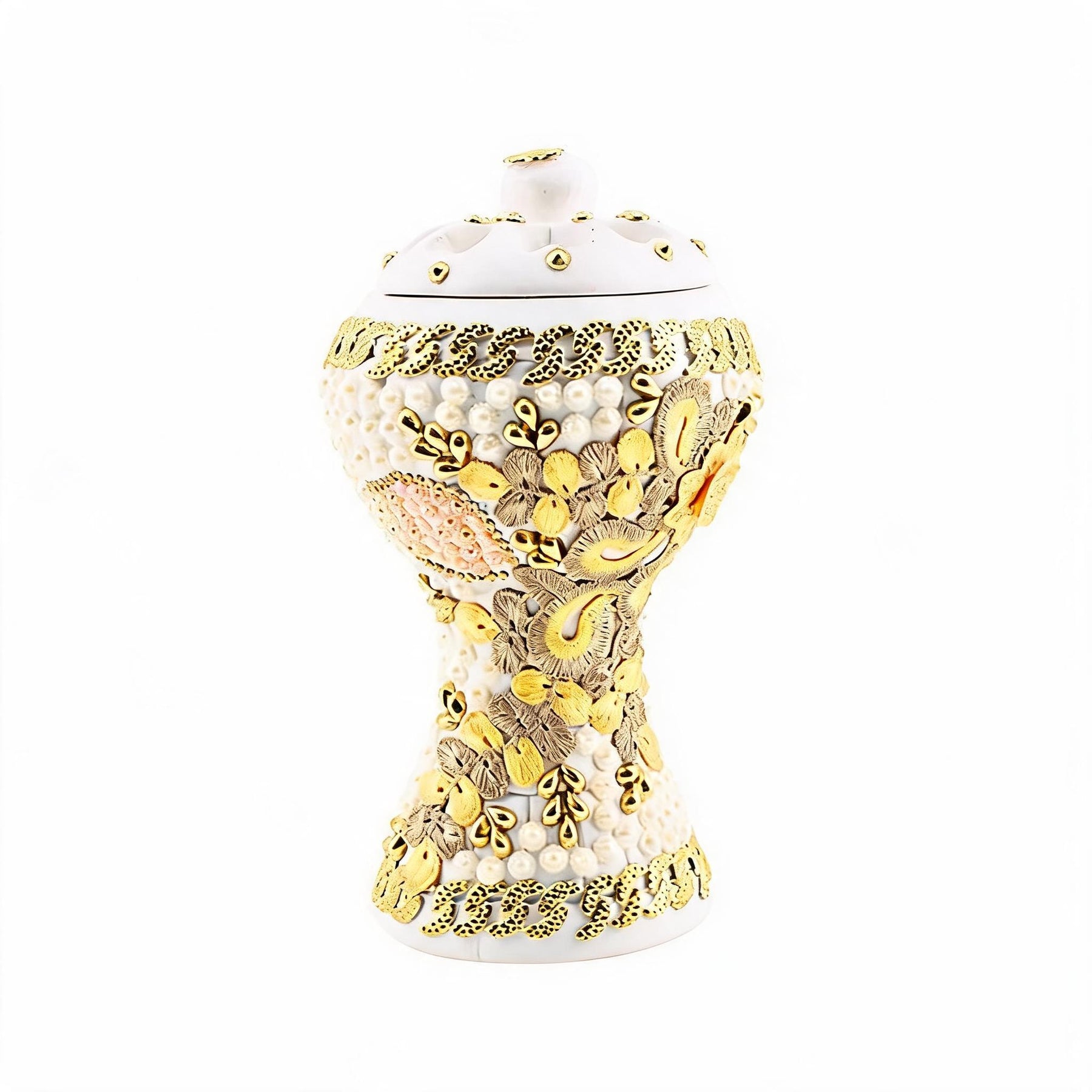 XLarge White-Gold Traditional Clay Incense Burner - Yellow-Beige Floral Design