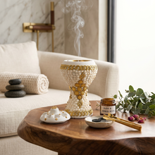 XLarge White-Gold Traditional Clay Incense Burner - Orange-Gold Flower