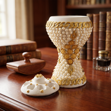 XLarge White-Gold Traditional Clay Incense Burner - Orange-Gold Flower
