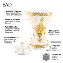 XLarge White-Gold Traditional Clay Incense Burner - Orange-Gold Flower