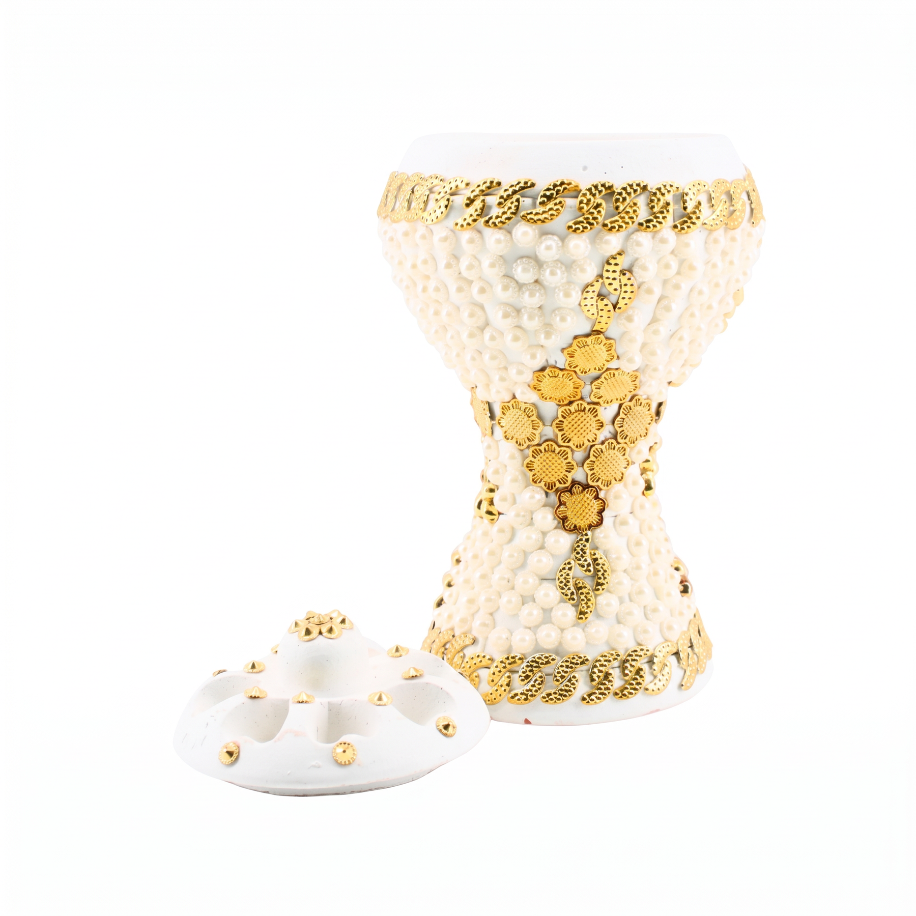 XLarge White-Gold Traditional Clay Incense Burner - Orange-Gold Flower