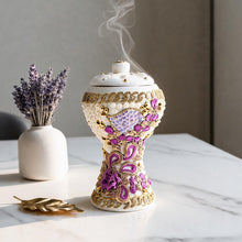 XLarge White-Gold Traditional Clay Incense Burner - Purple-Gold Flower