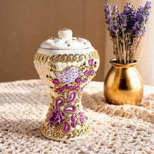 XLarge White-Gold Traditional Clay Incense Burner - Purple-Gold Flower