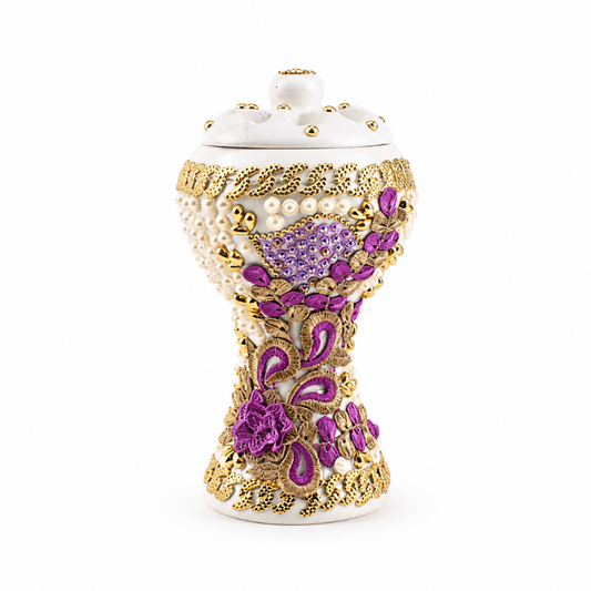 XLarge White-Gold Traditional Clay Incense Burner – Purple Gold Flower