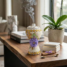 XLarge White-Gold Traditional Clay Incense Burner - Lavender Flower