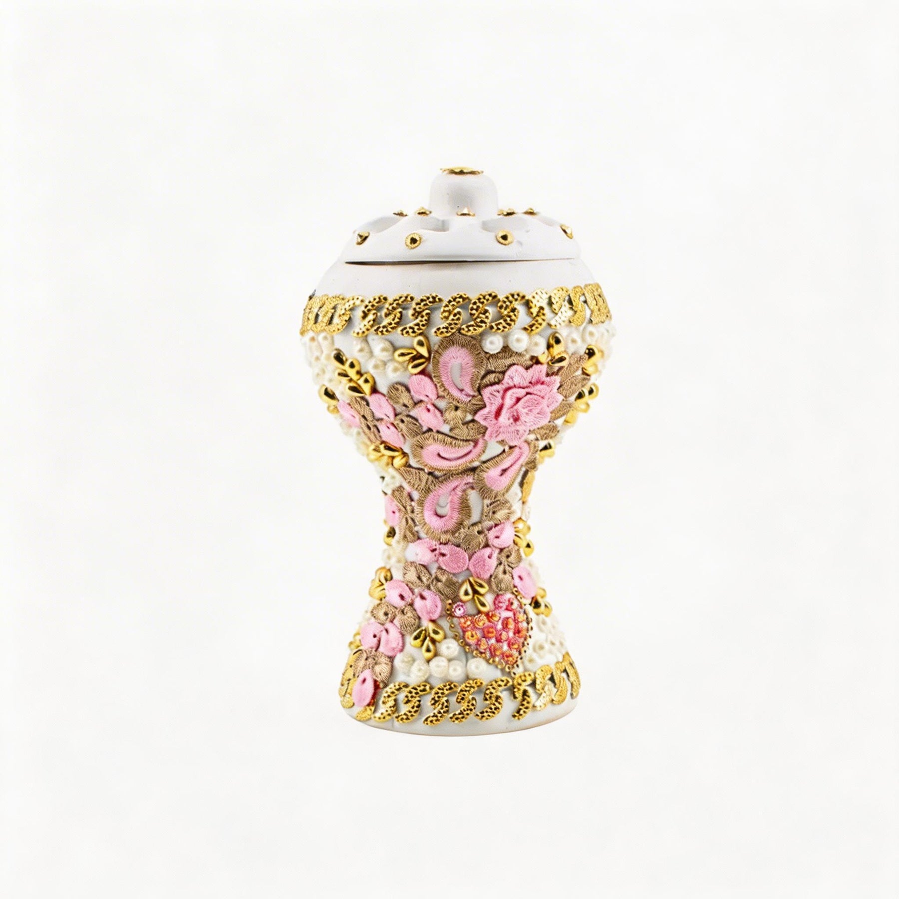 XLarge White-Gold Traditional Clay Incense Burner - Pink-Beige Abstract Design