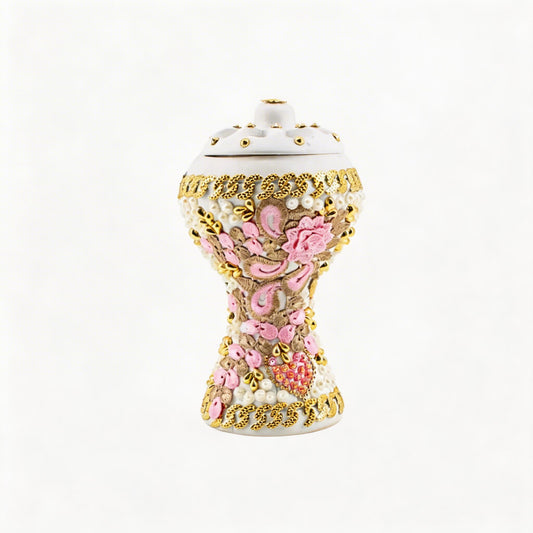 XLarge White-Gold Traditional Clay Incense Burner - Pink-Beige Abstract Design