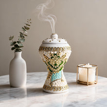 XLarge White-Gold Traditional Clay Incense Burner - Dark Green-Gold Flower