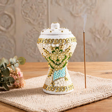 XLarge White-Gold Traditional Clay Incense Burner - Dark Green-Gold Flower