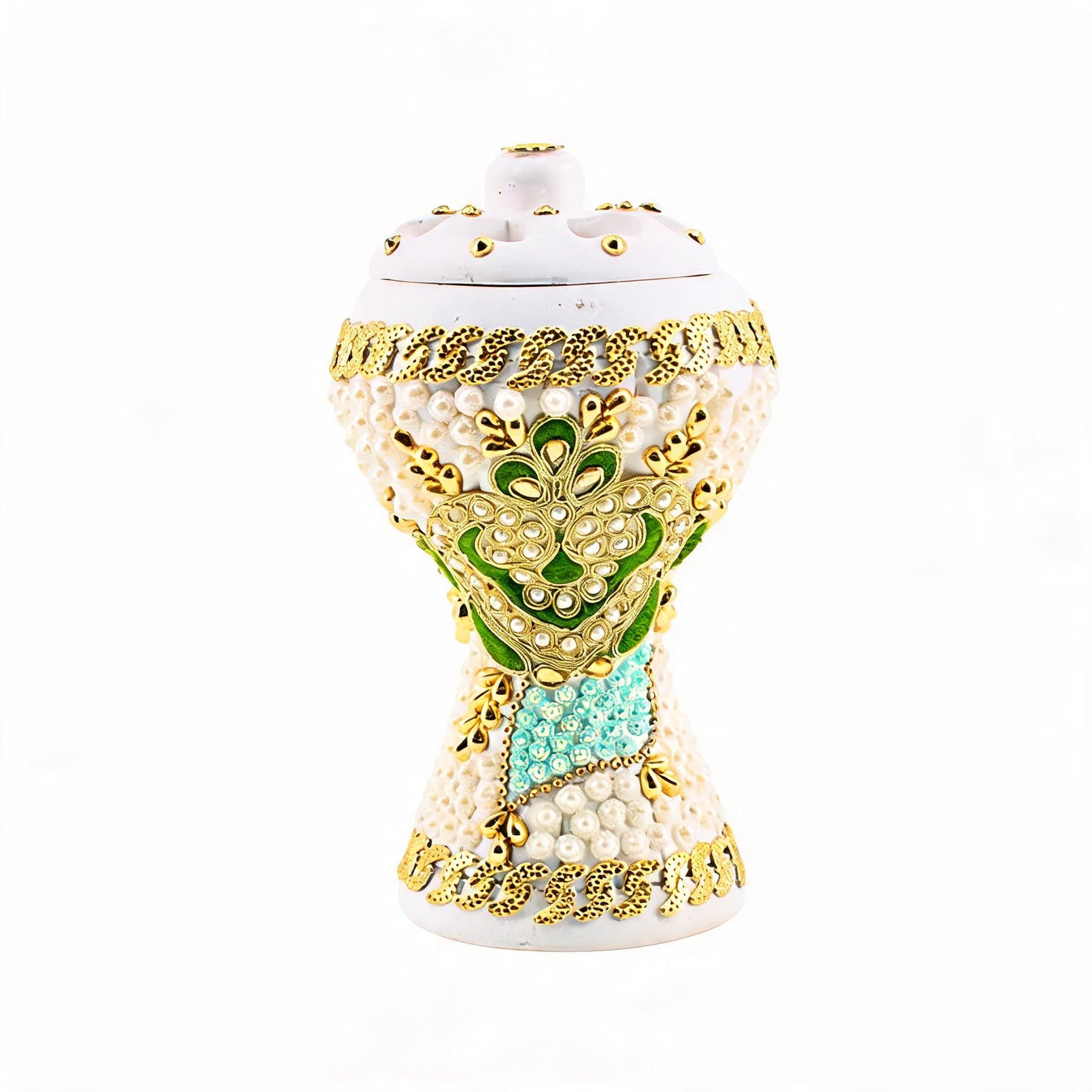 XLarge White-Gold Traditional Clay Incense Burner - Dark Green-Gold Flower
