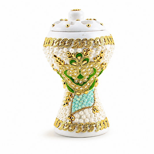 XLarge White & Gold Traditional Clay Incense Burner – Decorative Lidded Bakhoor Holder with Dark Green Floral Accent, 5" x 5" x 8.5"