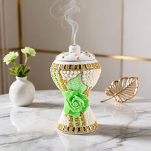 XLarge White-Gold Traditional Clay Incense Burner - Light Green Rose