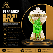Extra Large Traditional Clay Incense Burner – White & Gold with Light Green Rose Accent, 5 x 5 x 8.5 in