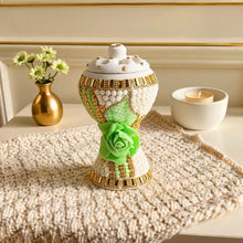 XLarge White-Gold Traditional Clay Incense Burner - Light Green Rose