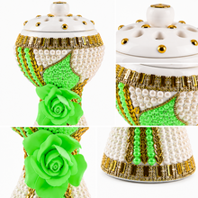 Extra Large Traditional Clay Incense Burner – White & Gold with Light Green Rose Accent, 5 x 5 x 8.5 in