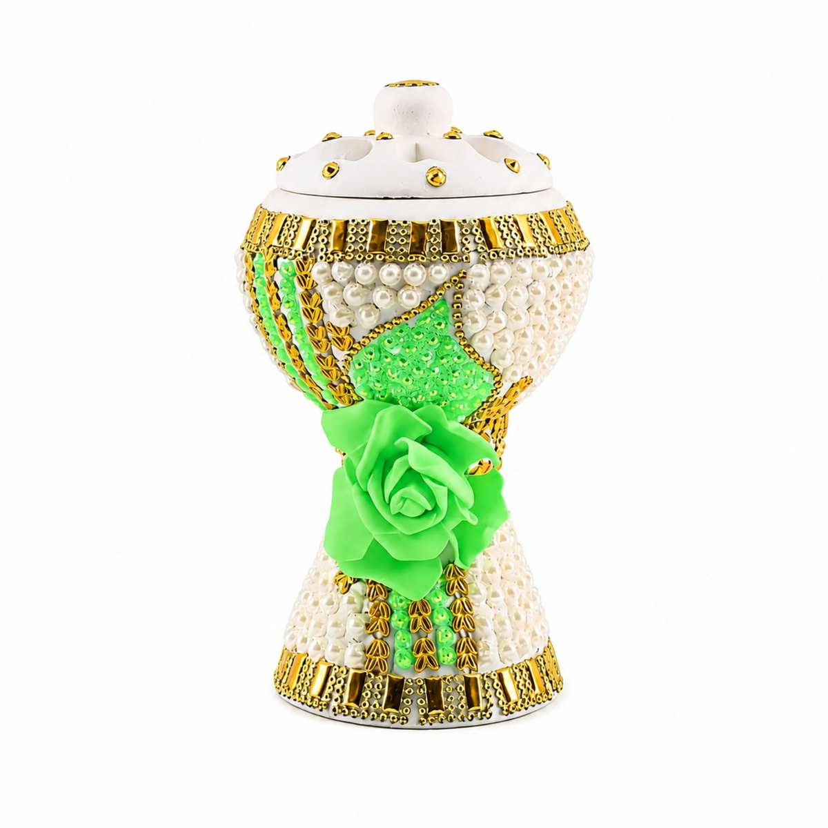 Extra Large Traditional Clay Incense Burner – White & Gold with Light Green Rose Accent, 5 x 5 x 8.5 in