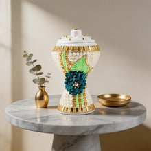 XLarge White-Gold Traditional Clay Incense Burner - Turquoise Sunflower