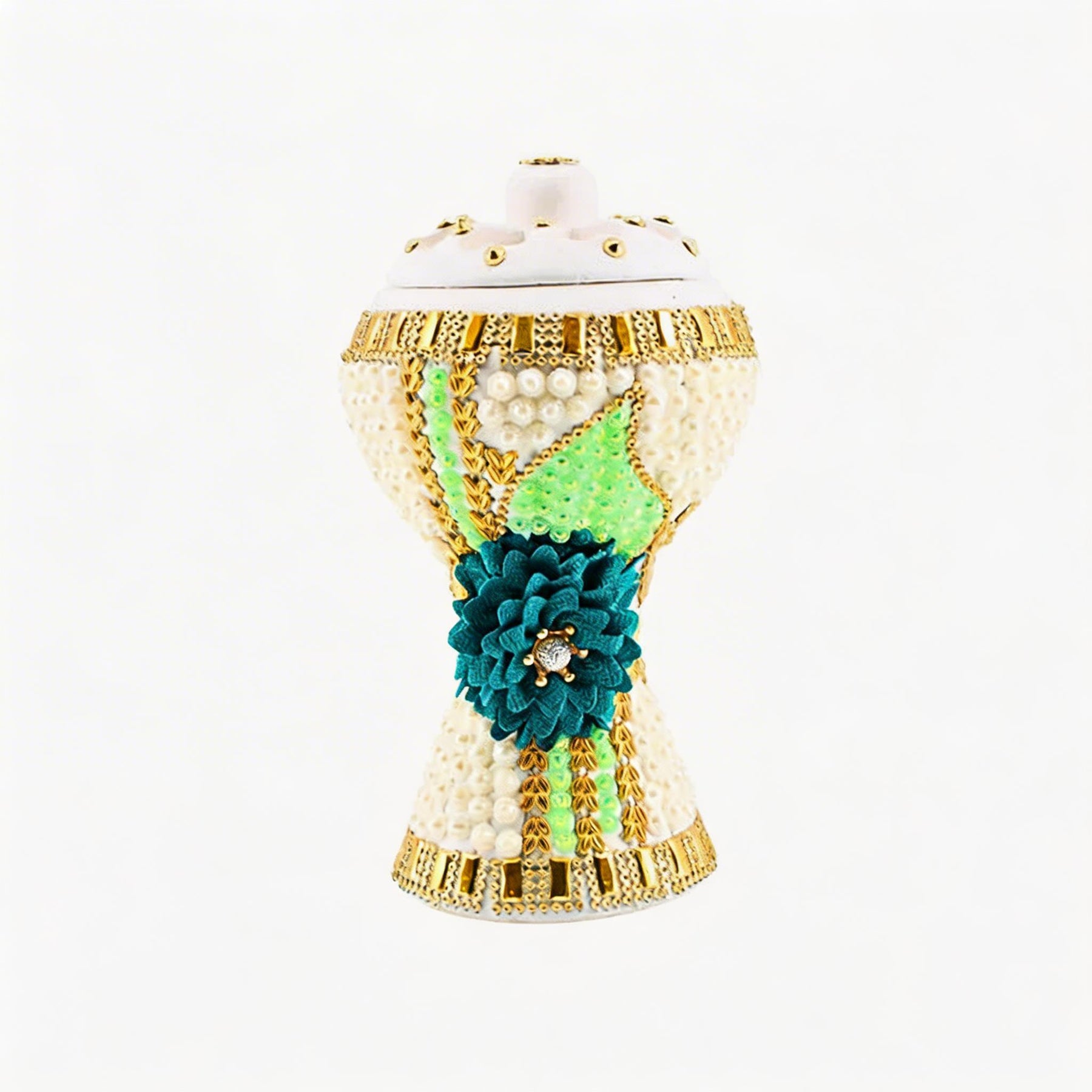 XLarge White-Gold Traditional Clay Incense Burner - Turquoise Sunflower