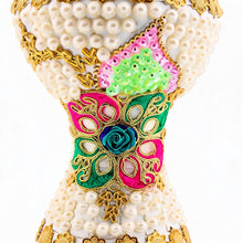 XLarge White-Gold Traditional Clay Incense Burner - Pink-Green Floral Design