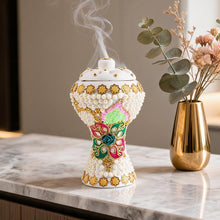 XLarge White-Gold Traditional Clay Incense Burner - Pink-Green Floral Design