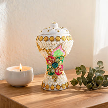 XLarge White-Gold Traditional Clay Incense Burner - Pink-Green Floral Design