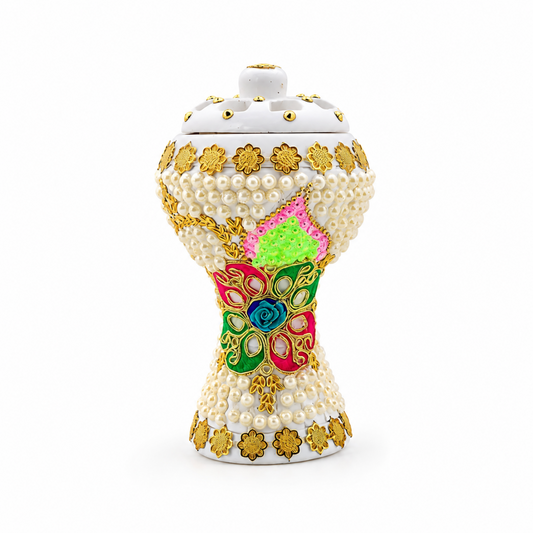 XLarge White & Gold Traditional Clay Incense Burner – Pink & Green Floral Design, 5 x 5 x 8.5 in