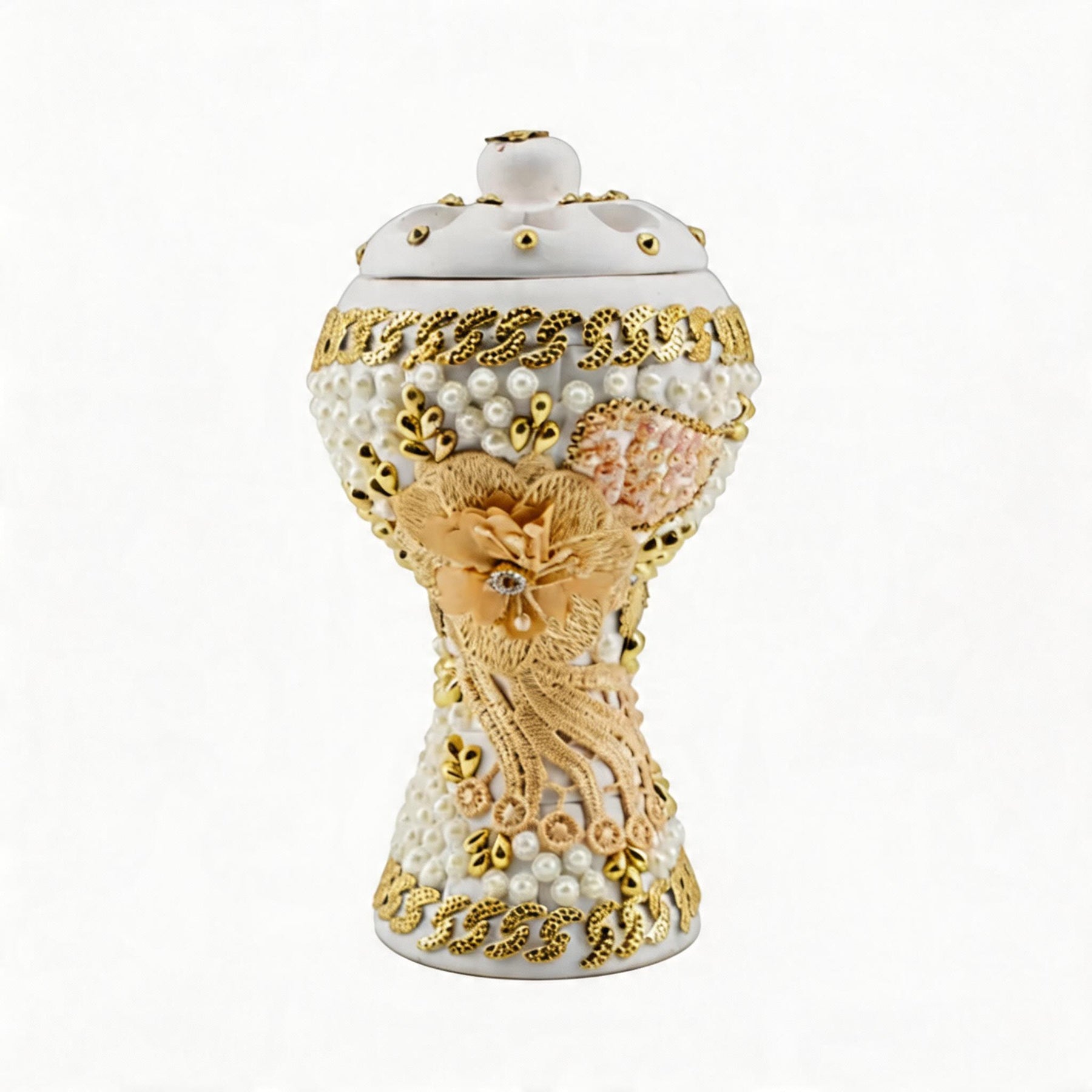 XLarge White-Gold Traditional Clay Incense Burner - Beige Flower