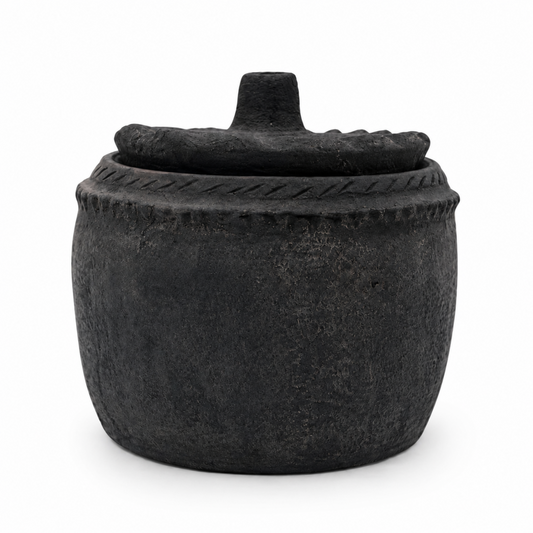 Traditional Yemeni Ferni Clay Cooking Pot with Lid, Large, Black