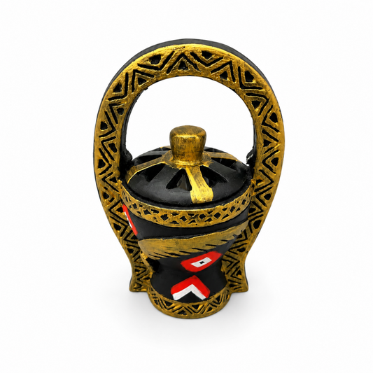 Traditional Clay Sanaani Incense Burner with Top Handle, Large, Black Gold Red Decorative Bakhoor Holder