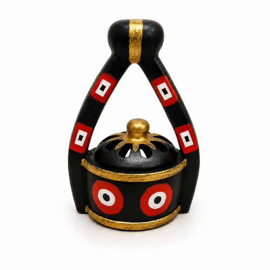 Traditional Clay Sanaani Incense Burner with Top Handle, Black Gold and Red Decorative Burner