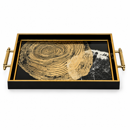 Black & Gold Decorative Serving Tray with Abstract Woodgrain Design