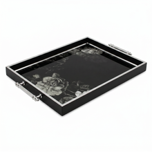 Luxury Black & Silver Floral Decorative Serving Tray with Chrome Handles