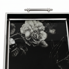 Luxury Black & Silver Floral Decorative Serving Tray with Chrome Handles