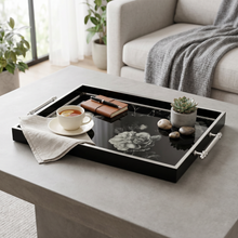 Luxury Black & Silver Floral Decorative Serving Tray with Chrome Handles