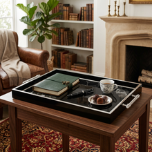 Luxury Black & Silver Floral Decorative Serving Tray with Chrome Handles