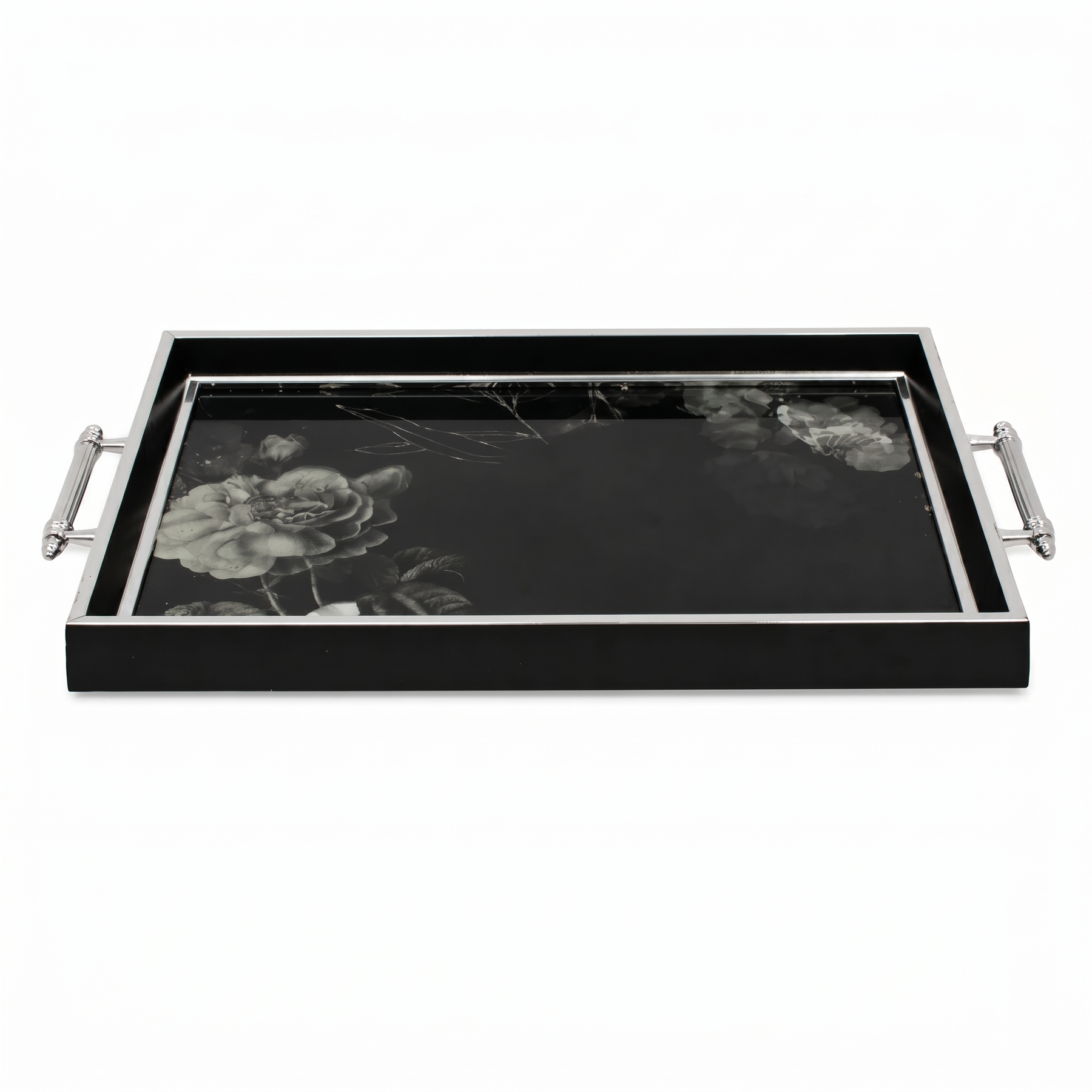 Luxury Black & Silver Floral Decorative Serving Tray with Chrome Handles