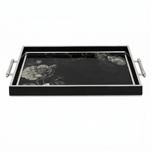 Luxury Black & Silver Floral Decorative Serving Tray with Chrome Handles