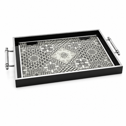 Black & Silver Geometric Mosaic Serving Tray with Chrome Handles