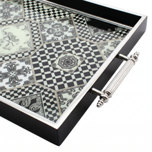 Black & Silver Geometric Mosaic Serving Tray with Chrome Handles