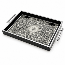Black & Silver Geometric Mosaic Serving Tray with Chrome Handles