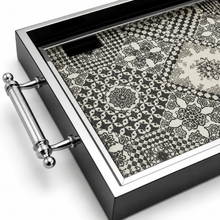 Black & Silver Geometric Mosaic Serving Tray with Chrome Handles