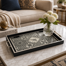 Black & Silver Geometric Mosaic Serving Tray with Chrome Handles