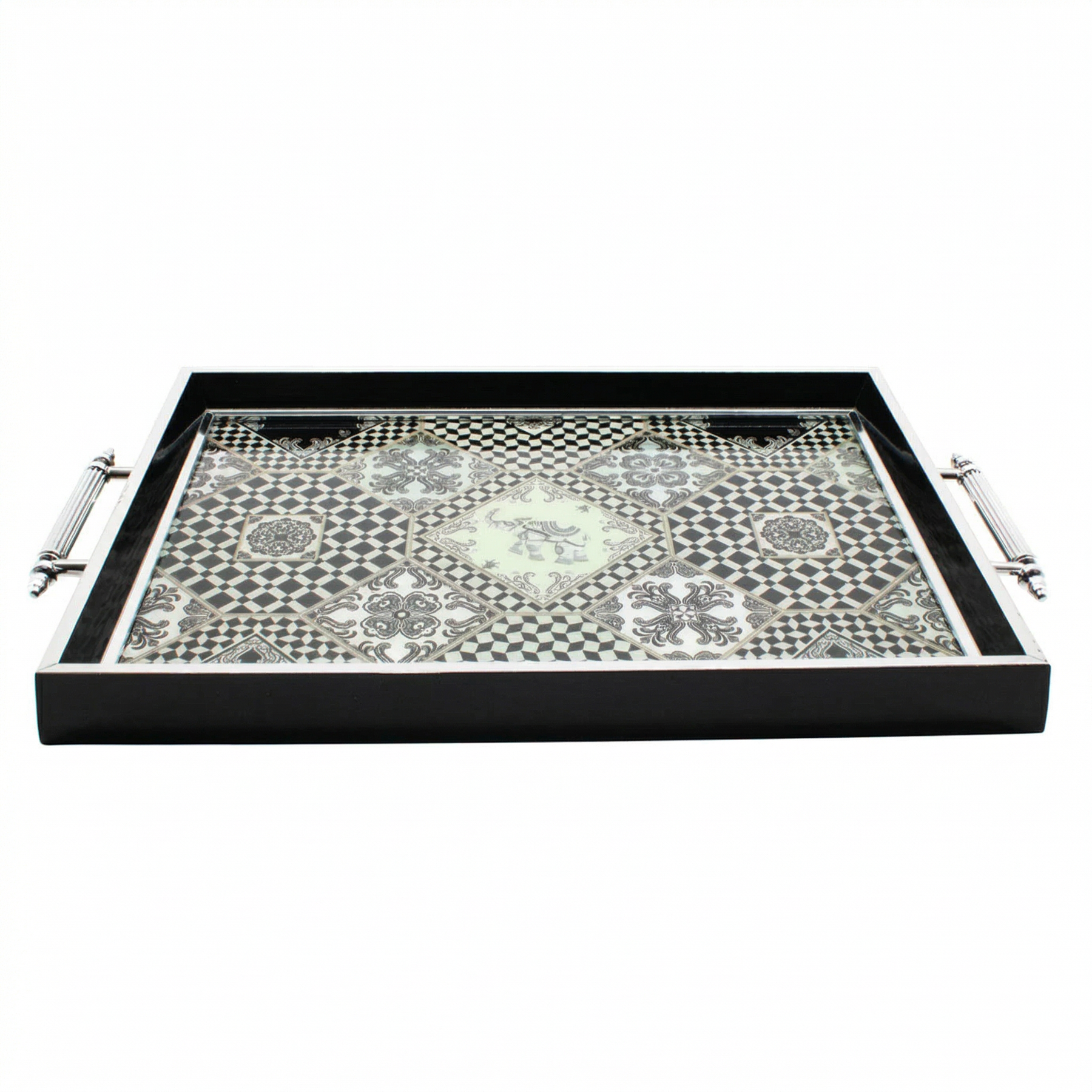 Black & Silver Geometric Mosaic Serving Tray with Chrome Handles